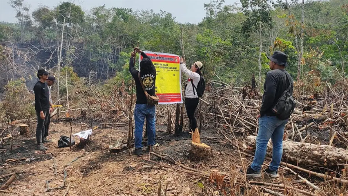Tim Satreskrim Polres Inhu saat memasang spanduk areal terbakar dalam proses penyelidikan, Ahad (9/8/2026). Foto Humas Polres Inhu