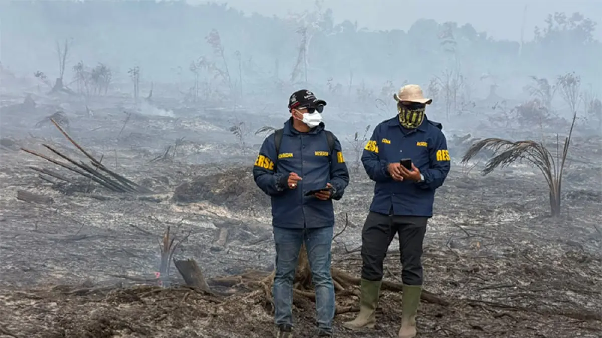 Penyidik dari Subdit IV Ditreskrimsus Polda Riau saat mendatangi lokasi kebakaran hutan dan lahan di Bengkalis, baru-baru ini. (Istimewa)