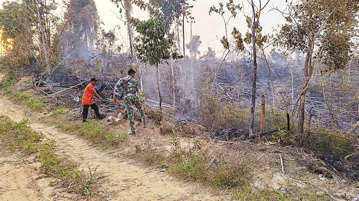 Personel BPBD Kuantan Singingi dan TNI memadamkan api yang membakar lahan di Desa Seberang Cengar, Kecamatan Kuantan Mudik, Kamis (13/8/2026). (BPBD Kuansing untuk Riau Pos)

