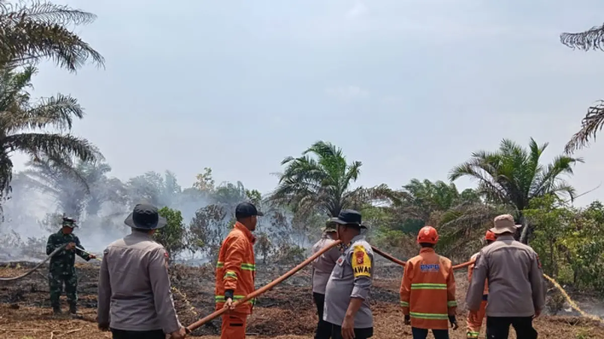 Personel gabungan dari BPBD Kampar, TNI AD, BPBD Riau, Polri, Masyarakat Peduli Api (MPA) serta perangkat desa memadamkan api di perbatasan Desa Pagaruyung dan Desa Kualu Nenas seluas sekitar 6 hektare, Jumat (13/8/2026). (BPBD Kampar untuk Riaupos.co)