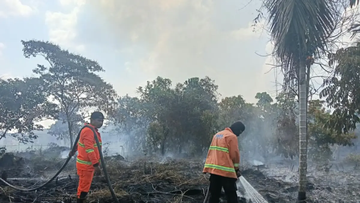 Tim TRC BPBD Kampar bersama Satgas Gabungan memadamkan api yang membakar lahan di Desa Tarai Bangun, Kecamatan Tambang, Senin (17/8/2026). (BPBD Kampar untuk Riaupos.co)