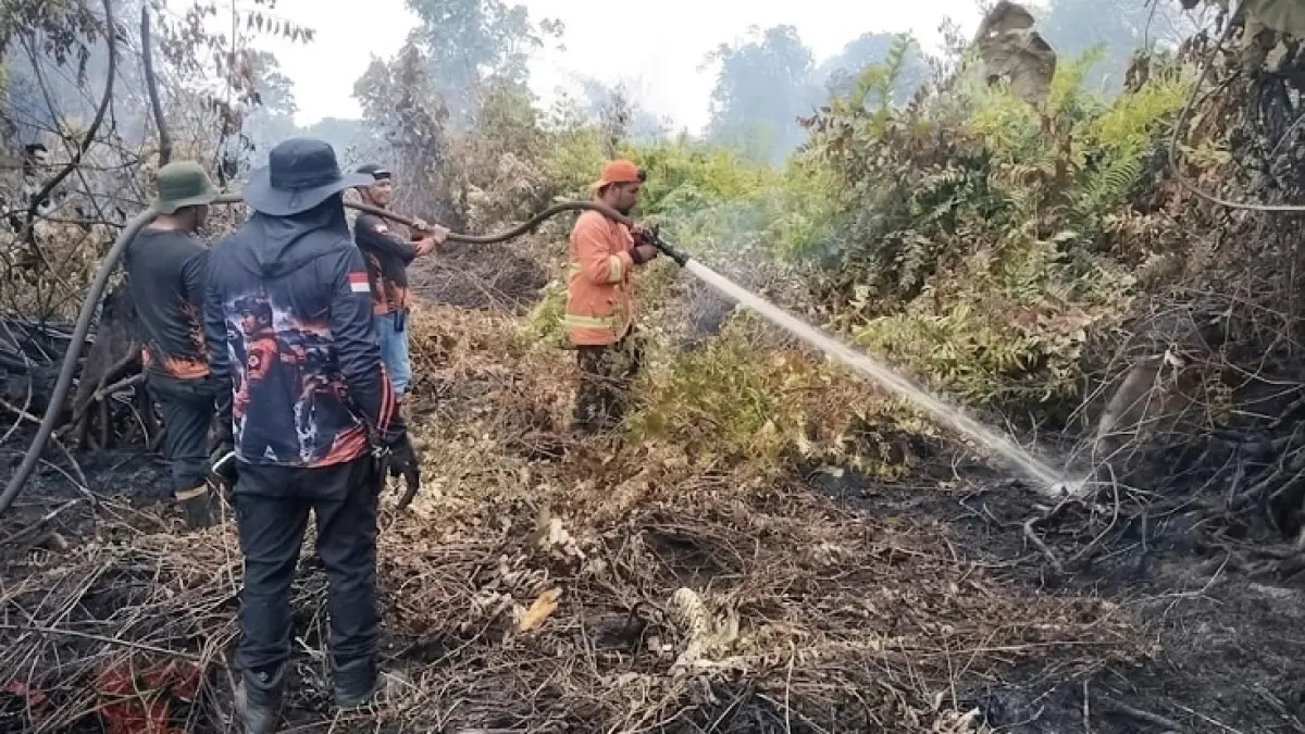 Tim Satgas BPBD Kabupaten Kampar bersama Satgas Gabungan terus melakukan pemadaman kebakaran lahan di kawasan perumahan Rimbo Panjang, Jalan Sarana Utama, Desa Rimbo Panjang, Kecamatan Tambang, Kabupaten Kampar, Selasa (18/8/2026). (BPBD Untuk Riaupos.co)