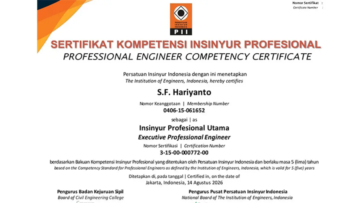 Lembaran Sertifikat Kompetensi Insinyur Profesional. (Istimewa)