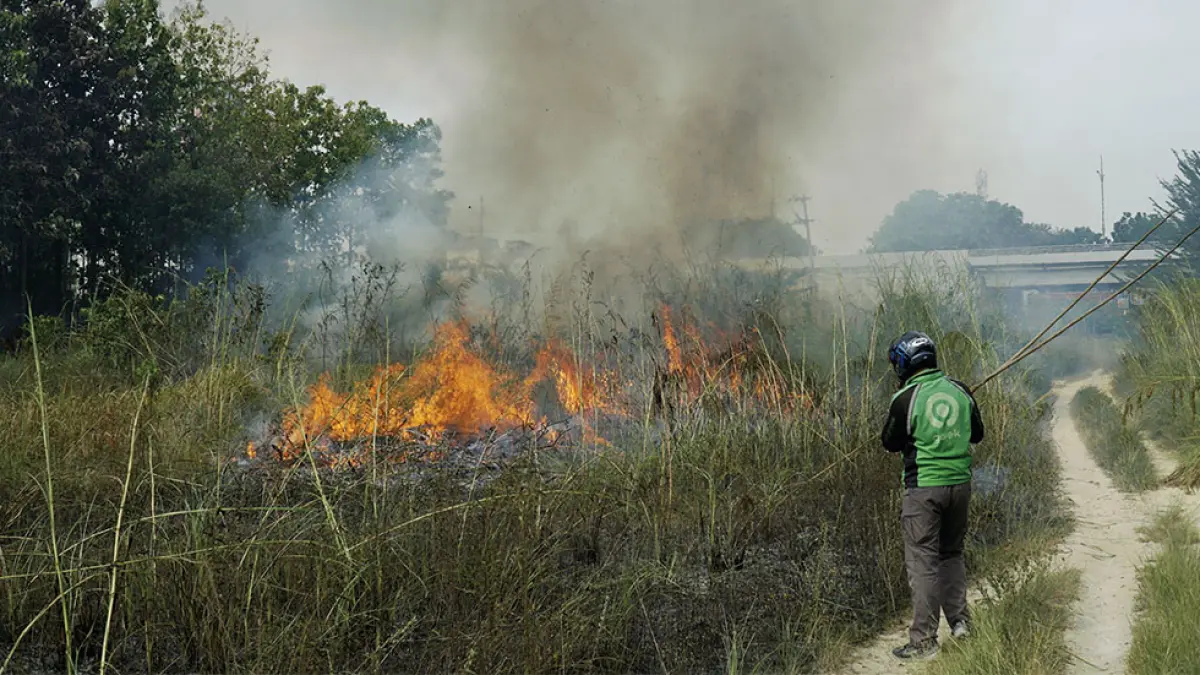 Pengemudi ojek online dan masyarakat setempat berupaya memadamkan api yang membakar lahan kosong di persimpangan Sentra Komersial Arengka (SKA), Pekanbaru, Rabu (19/8/2026). (MHD AKHWAN/RIAU POS)