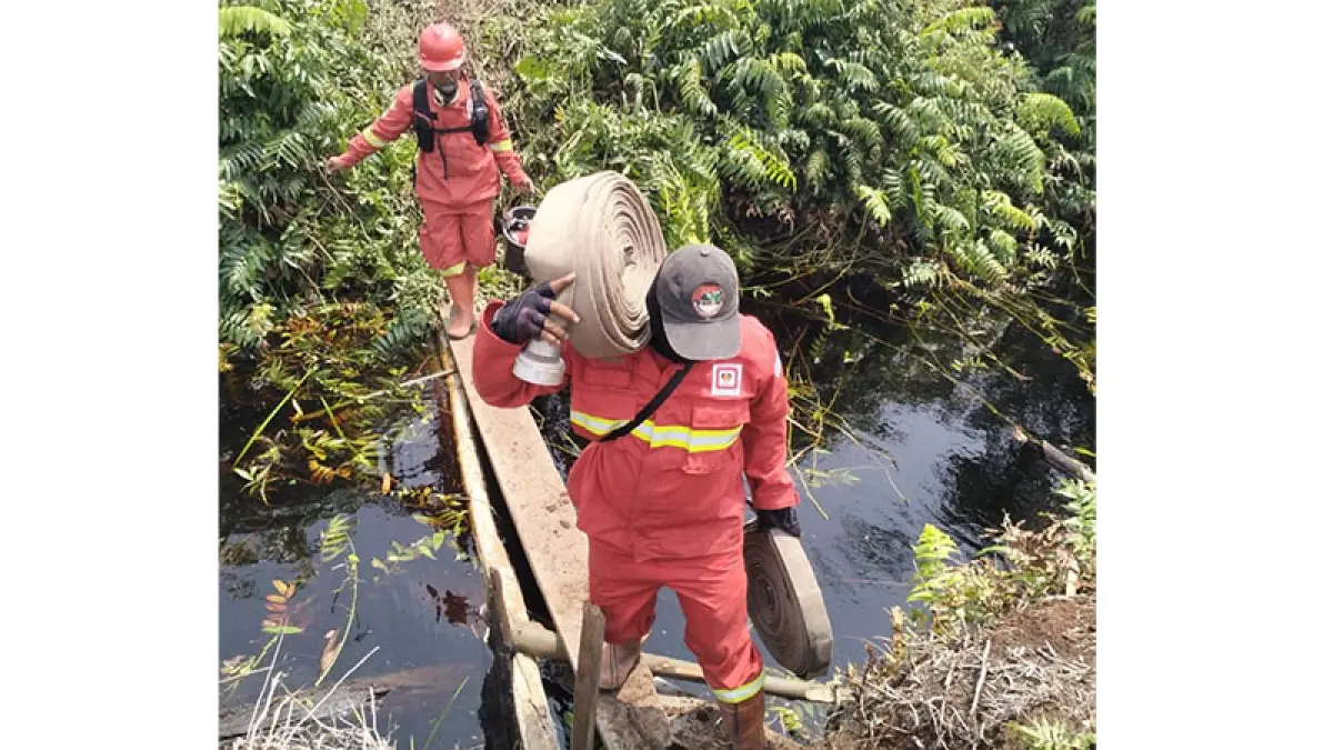 Tim Manggala Agni Rengat berjalan kaki sejauh 1,5 kilometer menuju lokasi Karhutla di Desa Sungai Guntung Hilir, Kecamatan Rengat, Inhu. (Manggala Agni)