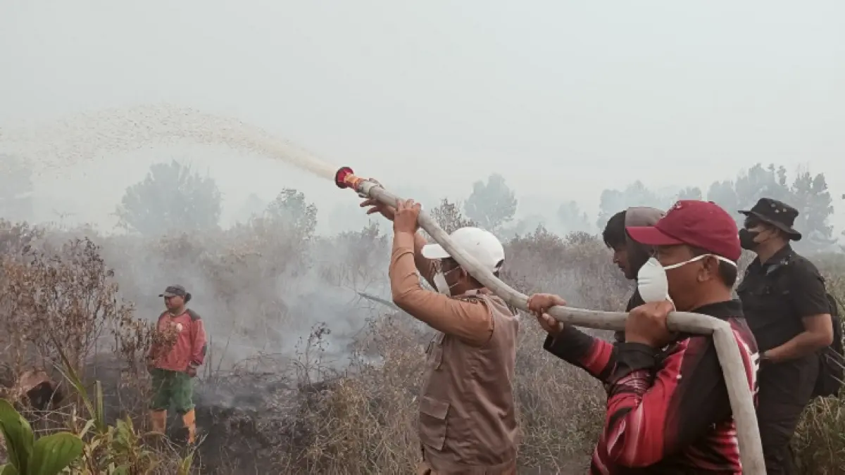 Personel gabungan bersama tim fire figter RAPP melakukan pemadaman api di Kelurahan Kerumutan Kecamatan Kerumutan, Selasa (25/8/2026). (Istimewa)
