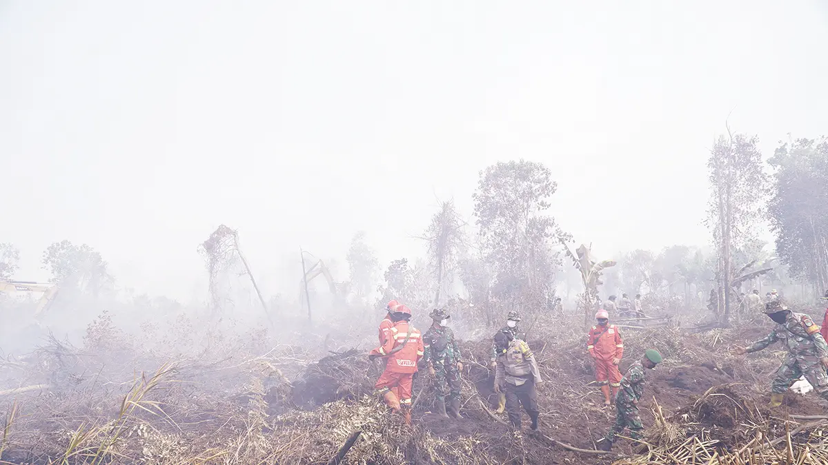 Petugas gabungan berupaya memadamkan api yang membakar lahan di Desa Rimbo Panjang, Kecamatan Tambang, Kabupaten Kampar, Senin (24/8/2026).(MHD AKHWAN/RIAU POS)