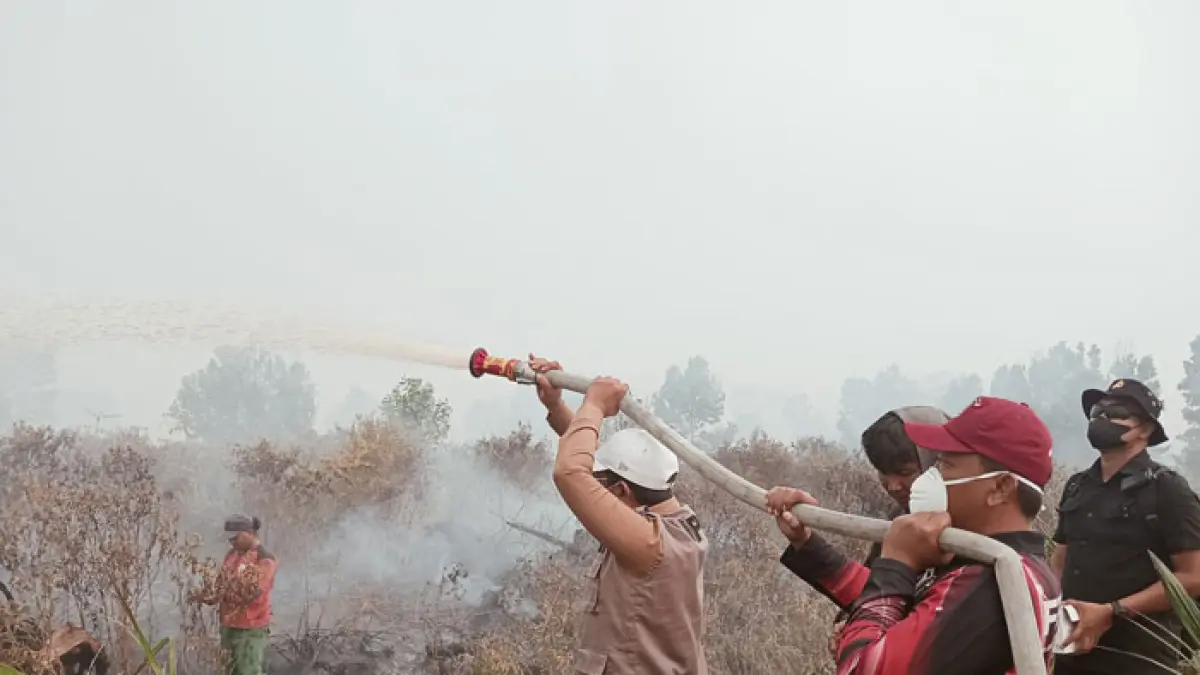 Tim gabungan saat melakukan pemadaman karhutla di Desa Rantau Baru Kecamatan Pangkalan Kerinci, Jumat (28/8/2026). (Amin/Riaupos.co)