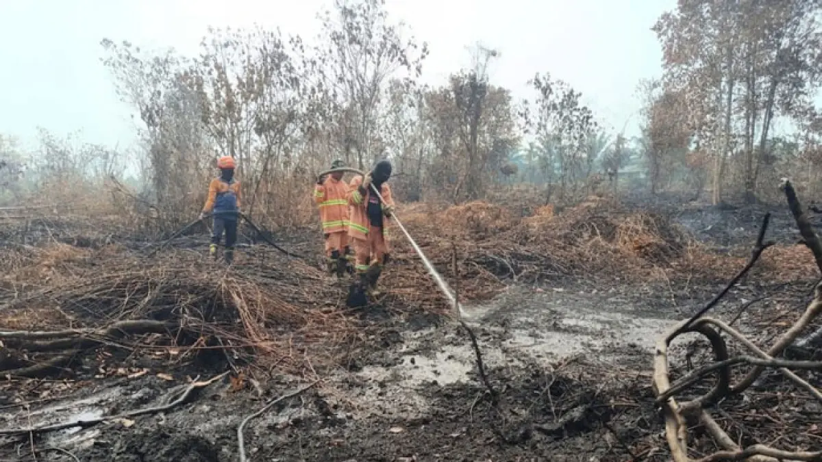 Tim TRC BPBD Kampar bersama Satgas Gabungan memadamkan api yang membakar lahan di Desa Tarai Bangun, Kecamatan Tambang, Kabupaten Kampar, Jumat (28/8/2026). (BPBD Kampar untuk Riaupos.co)