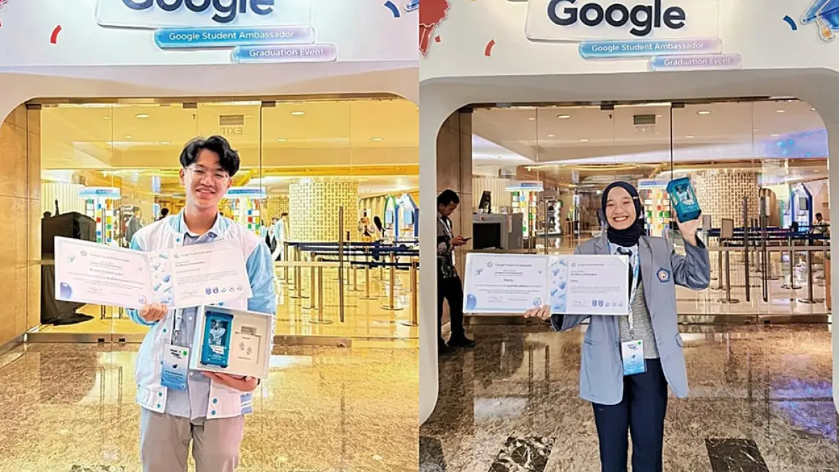 Dua mahasiswa asal Riau Ervin Chan­drawan dari Institut Bisnis danTeknologi Pelita Indonesia dan Nadia dari Institut Kesehatan Payung Negeri Pekanbaru mendapatkan anugerah gelar Top 10 Trailblazer Google Student Ambassador (GSA) Indonesia 2026, belum lama ini. (istimewa)
