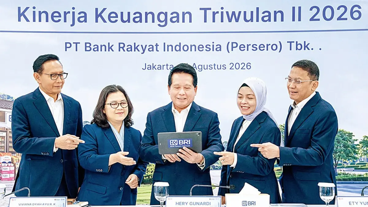 Direktur Utama BRI Hery Gunardi didampingi Wakil Direktur Utama BRI Viviana Dyah Ayu R K, Direktur Network & Retail Funding BRI Aquarius Rudianto, Direktur Finance & Strategy BRI Achmad Royadi dan Direktur Manajemen Risiko BRI Ety Yuniarti dalam pemaparan kinerja yang digelar di Kantor Pusat BRI, Jakarta, Senin (31/8/2026). (BRI UNTUK RIAU POS)