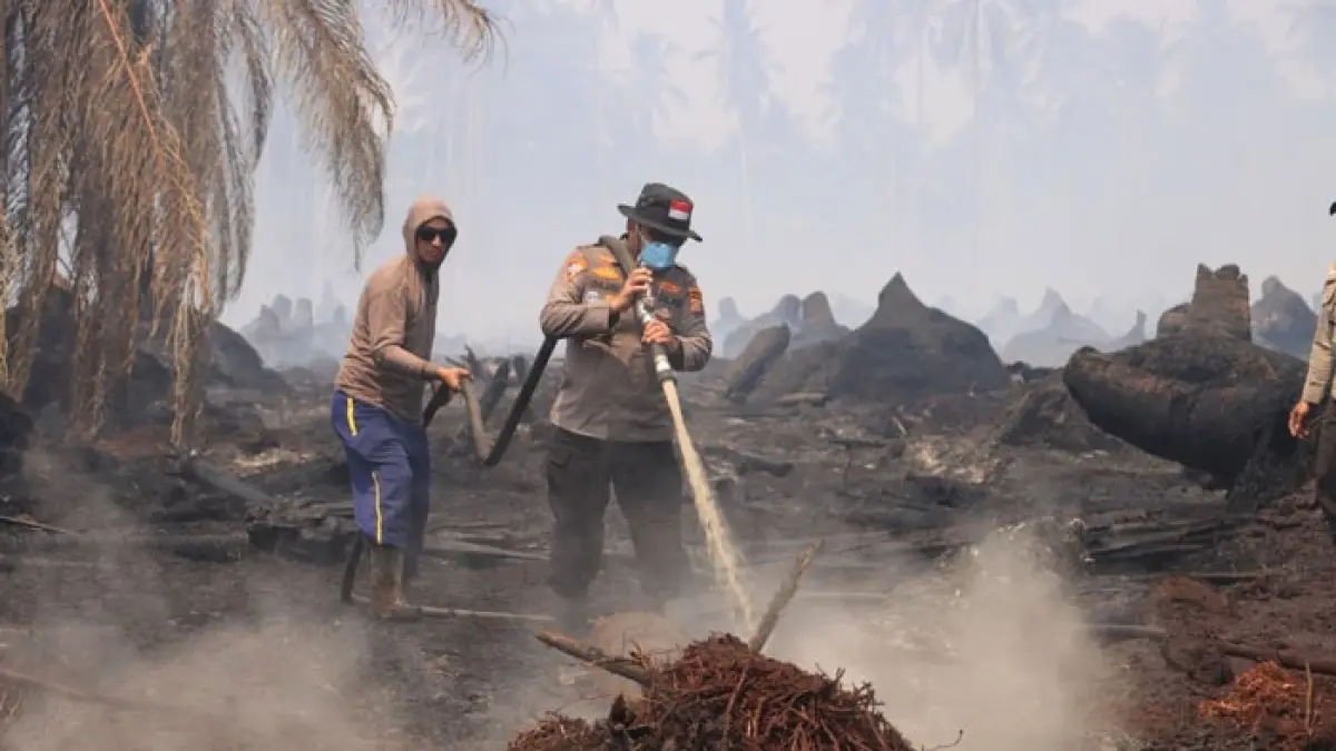 Kapolres Inhil AKBP Donny Eko Listianto bersama personel melakukan pemadaman dan pendinginan karhutla di Seberang Pasar, Dusun Semoga Jaya, Desa Belantaraya, Kecamatan Gaung, Kamis (3/9/2026).(Istimewa)