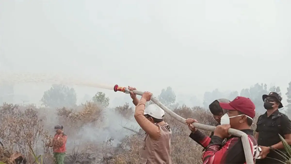 Tim gabungan saat melakukan pemadaman karhutla di Desa Rantau Baru Kecamatan Pangkalan Kerinci, Jumat (28/8/2026) lalu. (Dok Riaupos.co)
