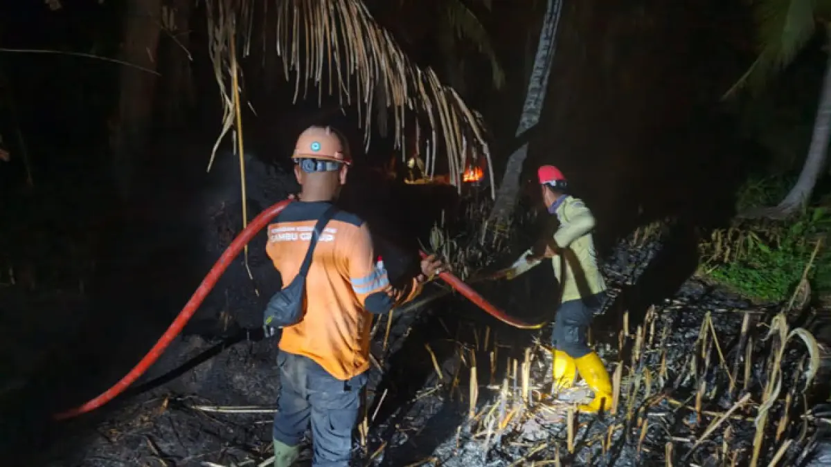 Tim Damkar PT Pulau Sambu Guntung bersama personel gabungan sedang melakukan pemadaman dan pendinginan karhutla di perbatasan Kelurahan Amal Bakti dan Desa Sungai Teritip, Kecamatan Kateman, Kabupaten Inhil, Sabtu (5/9/2026). (Istimewa)