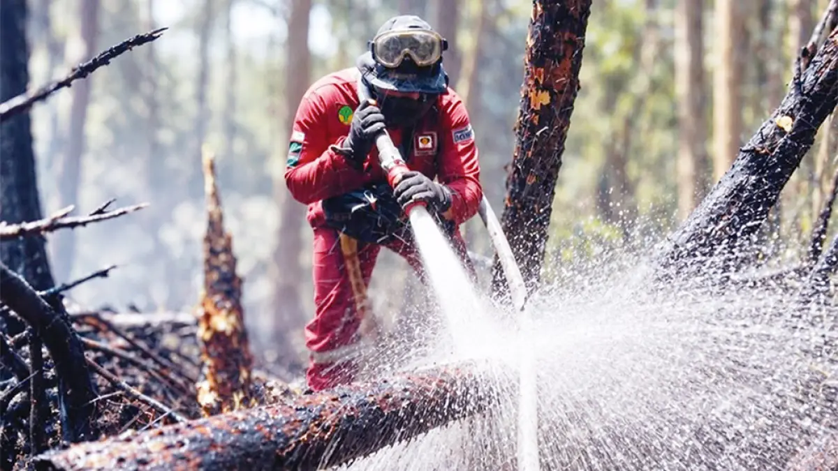 Personel Manggala Agni Sumatera VII Rengat memadamkan api yang membakar lahan di Desa Kuantan Babu, Kecamatan Rengat, Kabupaten Indragiri Hulu, Senin (7/9/2026). (Manggala Agni Rengat untuk Riau Pos)