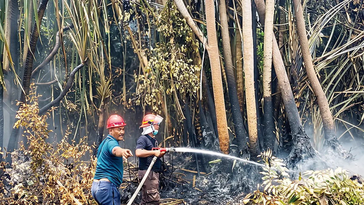 Personel tim Damkar PTPN IV Regional III memadamkan api kebakaran hutan dan lahan, beberapa waktu lalu. (Humas PTPN IV Regional III untuk riau pos
)