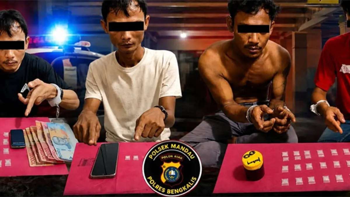 Empat pria diduga mengedarkan narkotika jenis sabu, di Simpang Puncak, Desa Boncah Mahang, diamankan Tim Opsnal Polsek Mandau, Ahad (6/9/2026). Istimewa