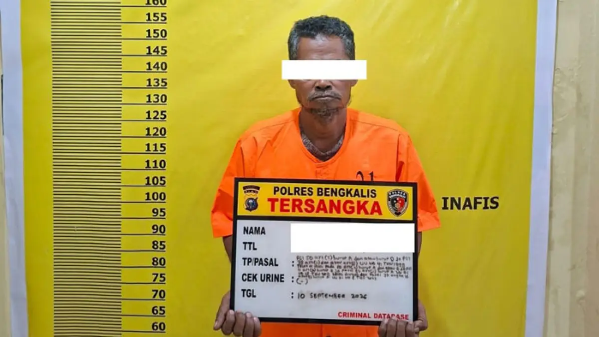 Polres Bengkalis kembali menetapkan satu tersangka berinisial S (55) perambahan  lahan dan menguasai kawasan hutan yang terjadi di Desa Pangkalan Libut, Kecamatan Pinggir, Kabupaten Bengkalis, Jumat (11/9/2026). (Istimewa)