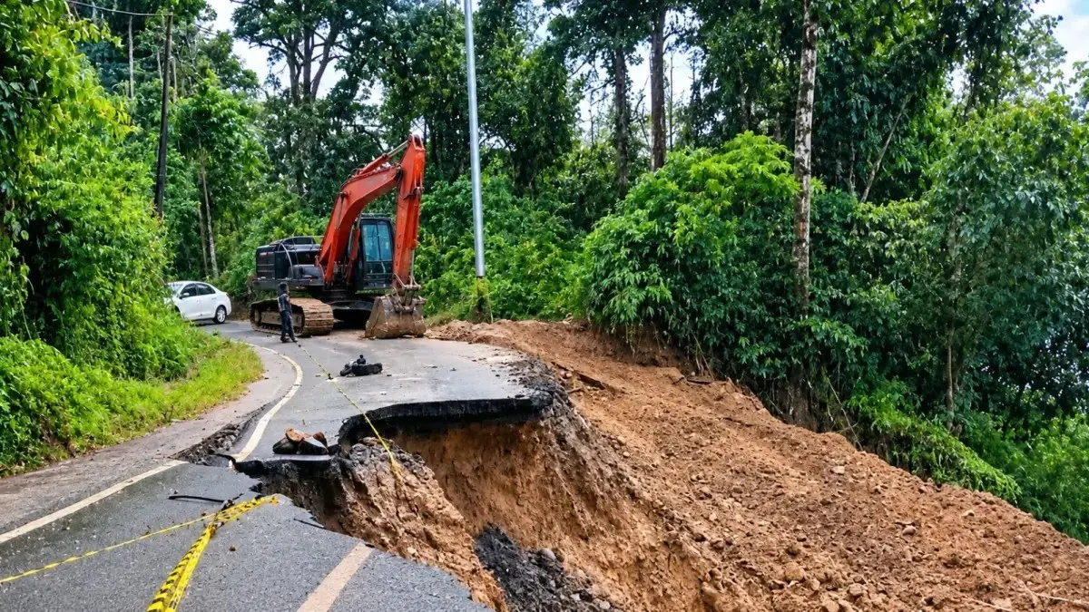 Alat berat dikerahkan untuk menangani badan jalan provinsi yang rusak akibat longsor di Jorong Sungai Taleh, Palembayan, Agam, Sumatera Barat, Jumat (11/9/2026).Rpg