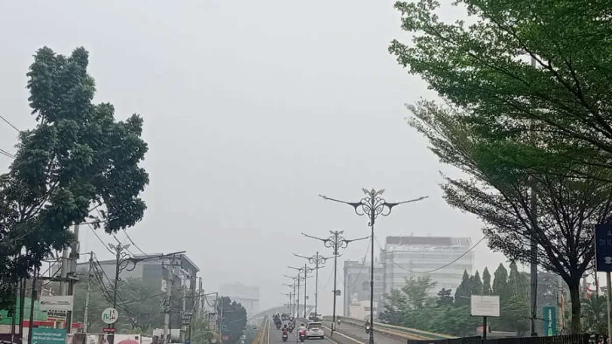 Jarak pandang di Pekanbaru tercatat sekitar 3,5 hingga 5 kilometer karena diselimuti kabut asap tipis hingga pekat. (Prapti Dwi Lestari/Riaupos.co)