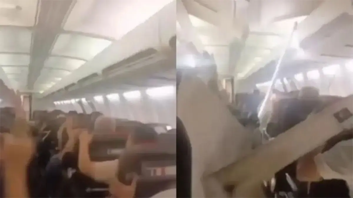 Suasana mencekam di dalam pesawat Sepehran Airlines yang kehilangan ban saat berada di udara. (Al-Jazeera)
