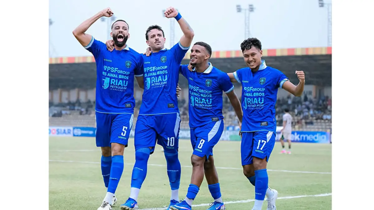 Pemain PSPS Pekanbaru melakukan selebrasi usai mencetak gol ke gawang Persiraja. Ft PSPS Pekanbaru