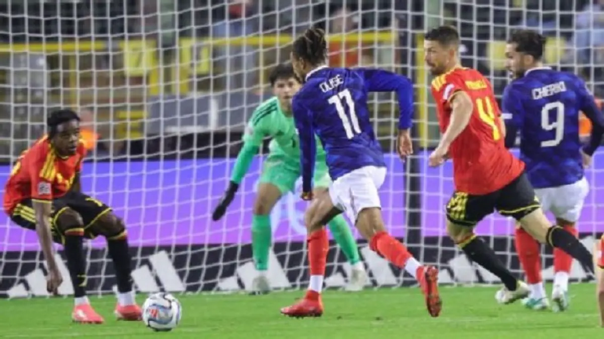 Prancis meraih kemenangan 1-0 di Belgia berkat gol telat yang menakjubkan dari Michael Olise. (OLIVIER MATTHYS/EPA/Shutterstoc)