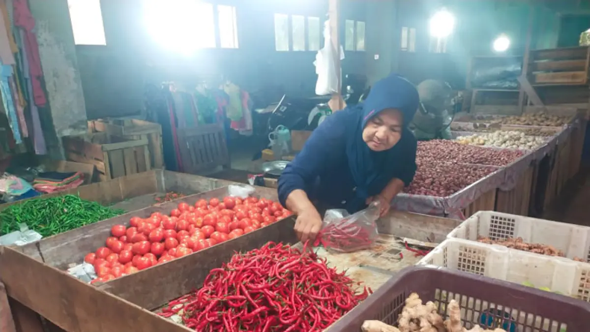 Salah seorang pedagang Pasar Terubuk Bengkalis mengurangi stok jualan cabai merah keriting, akibat tingginya harga beli dari pengepul asal Sumbar, Selasa (29/9/2026). (Abu Kasim/Riaupos.co)