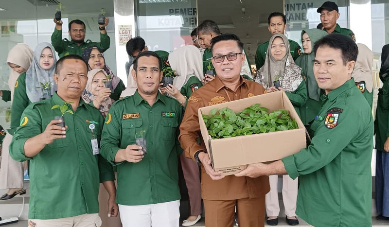 Kepala Dinas Ketahanan Pangan Pekanbaru Maisisco menunjukkan bibit cabai yang akan dibagikan kepada seluruh pegawai dan staf dinas, Selasa (12/12/2023).