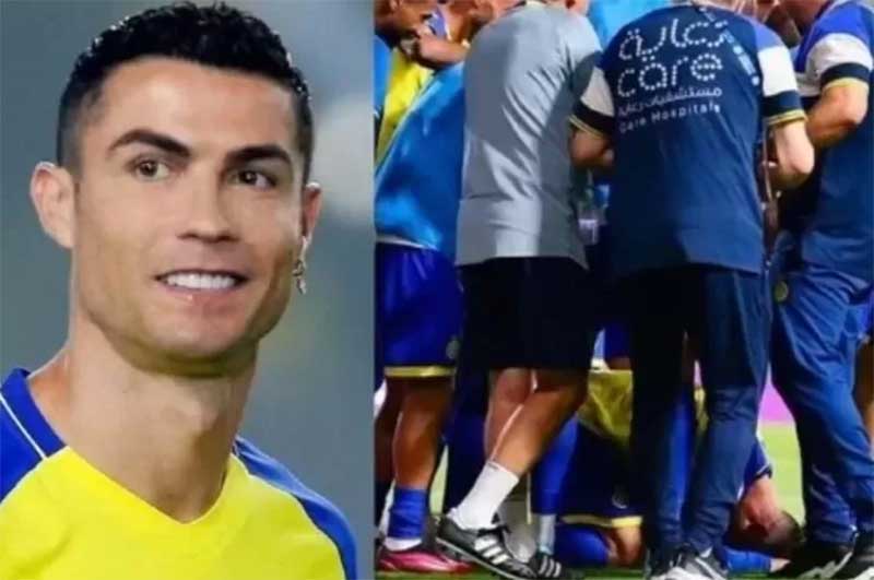 Cristiano Ronaldo melakukan selebrasi sujud syukur usai membawa Al Nassr meraih kemenangan 3-2 atas Al Shabab dalam lanjutan Liga Pro Arab Saudi, Rabu (24/5).