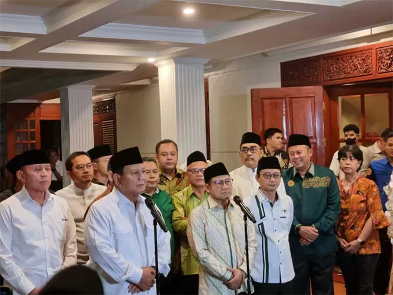 Ketua Umum Partai Gerindra Prabowo Subianto melakukan pertemuan dengan Ketua Umum PKB Muhaimin Iskandar alias Cak Imin di Jalan Kertanegara 4, Kebayoran Baru, Jakarta Selatan, Jumat (28/4/2023).