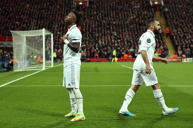 Selebrasi wide attacker Real Madrid Vinicius Junior yang dianggap meniru Cristiano Ronaldo.