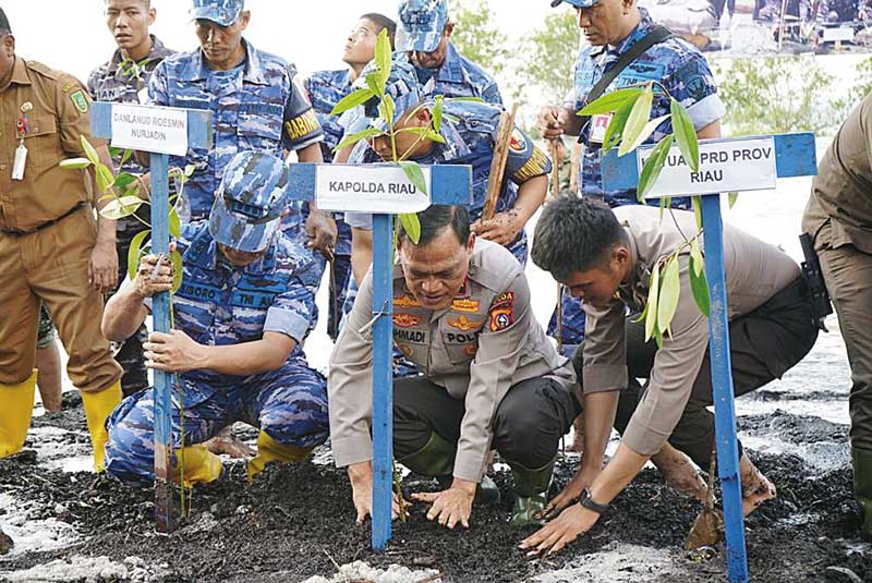 Wakapolda Riau Brigjen Pol Kasihan Rahmadi menanam mangrove di wilayah Pesisir Riau, Senin (15/5/2023).