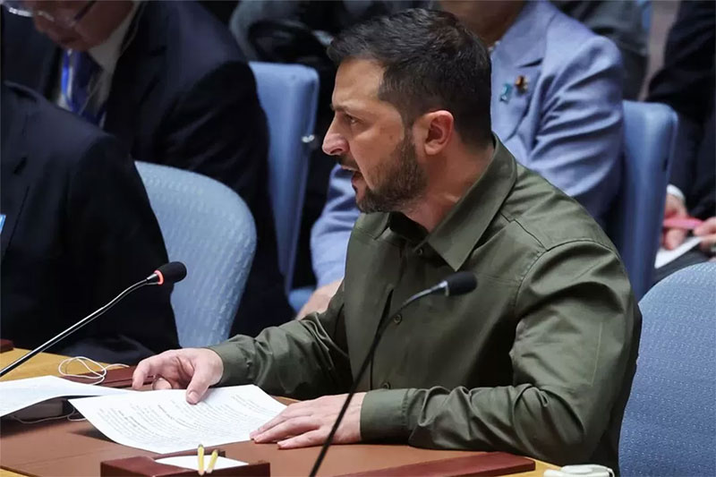 Presiden Ukraina Volodymyr Zelenskyy ketika menyampaikan pidatonya di markas besar PBB di New York pada Rabu (20/9/2023).