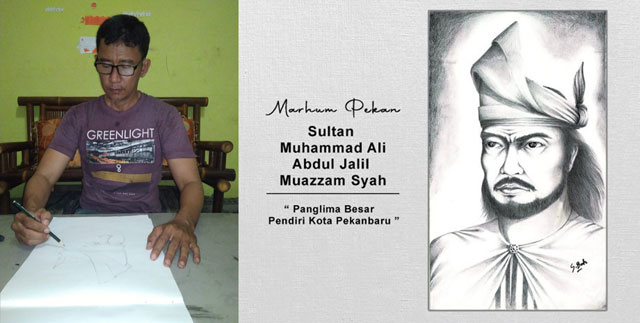 Syamsuyan Bahrunzi saat menyelesaikan lukisan Sketsa Wajah Sultan Muhammad Ali Muazzam Syah beberapa waktu lalu.