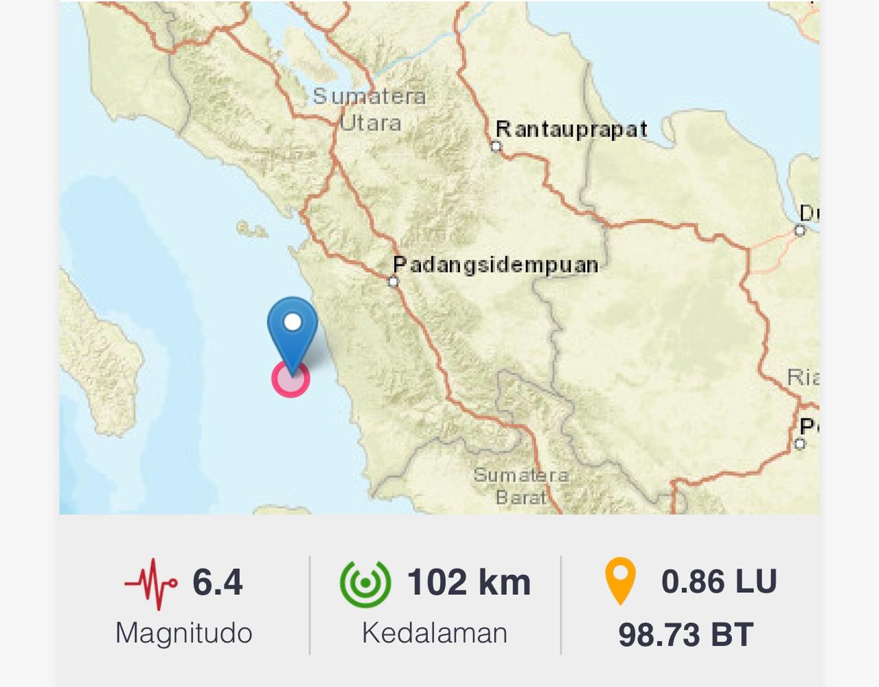 Informasi gempabumi M6.4 di Padang Sidempuan, Sumatera Utara, dikabarkan BMKG terjadi sekitar pukul 21:59 WIB, Senin (3/4/2023).