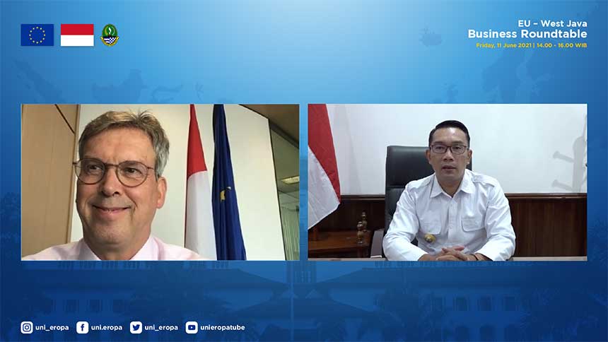 Duta Besar Uni Eropa untuk Indonesia Vincent Piket berdialog dengan Gubernur Jawa Barat Ridwan Kamil secara virtual, Jumat (11/6/2021).