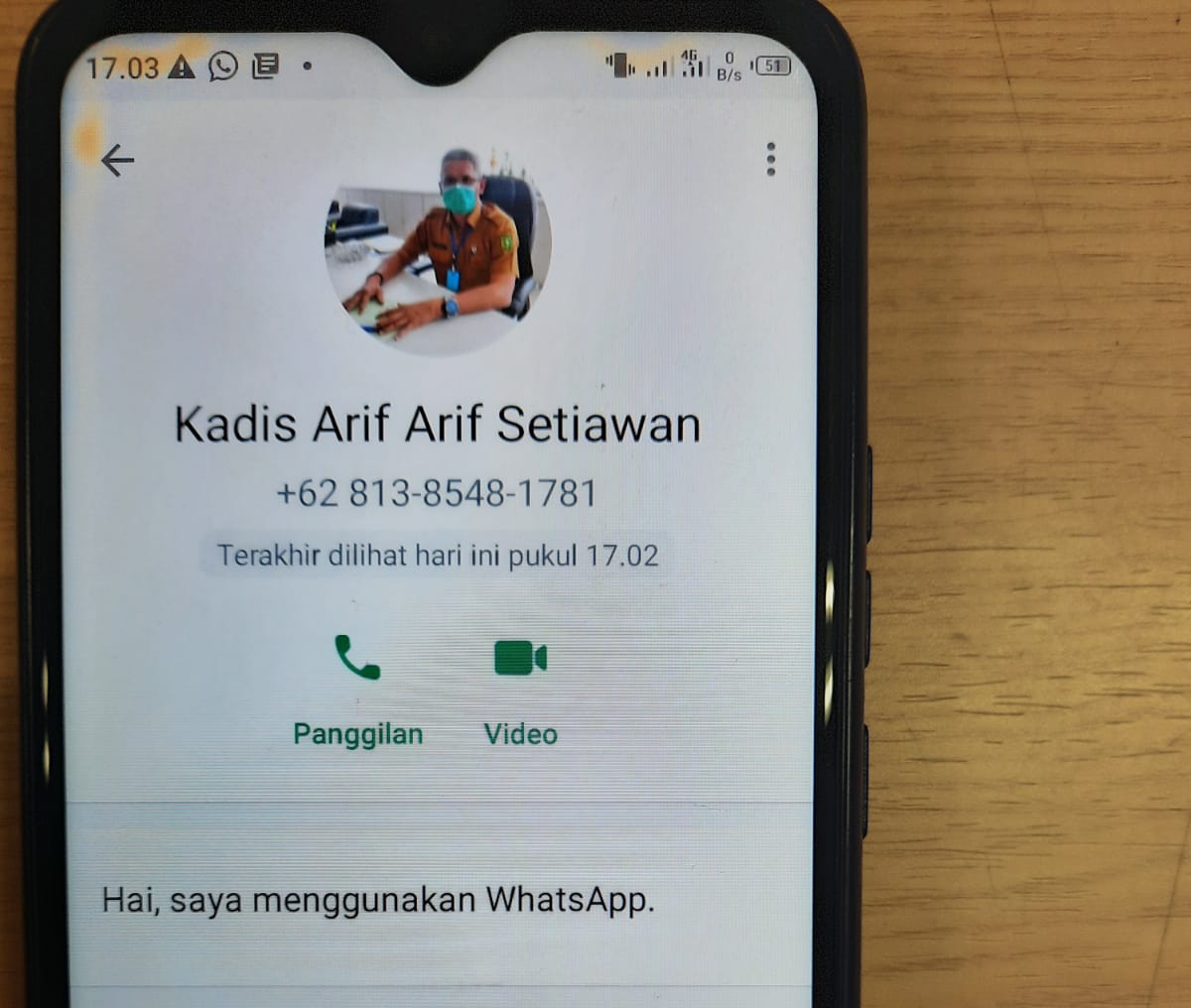 Nomor kontak WhatsApp yang menggunakan foto kadis PUPR PKPP Riau untuk melakukan penipuan.