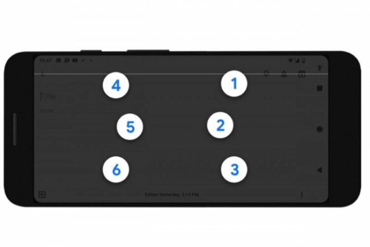 Ilustrasi: Tampilan keyboard braille Google TalkBack di ponsel Android.