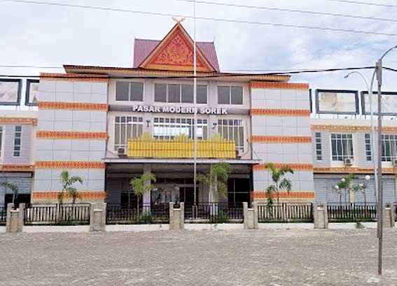 BELUM DIFUNGSIKAN: Bangunan Pasar Modern Sorek  yang megah, kondisinya sangat memprihatinkan dan belum belum difungsikan sehingga terkesan jadi bangunan mubazir, Selasa (29/1/2019). (M AMIN AMRAN/RIAU POS)