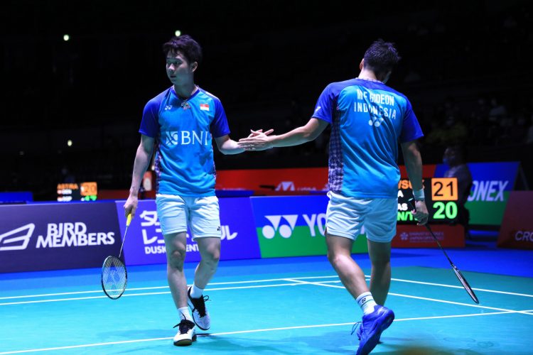 Marcus Fernaldi Gideon/Kevin Sanjaya Sukamuljo lolos ke babak 16 besar Japan Open 2022.