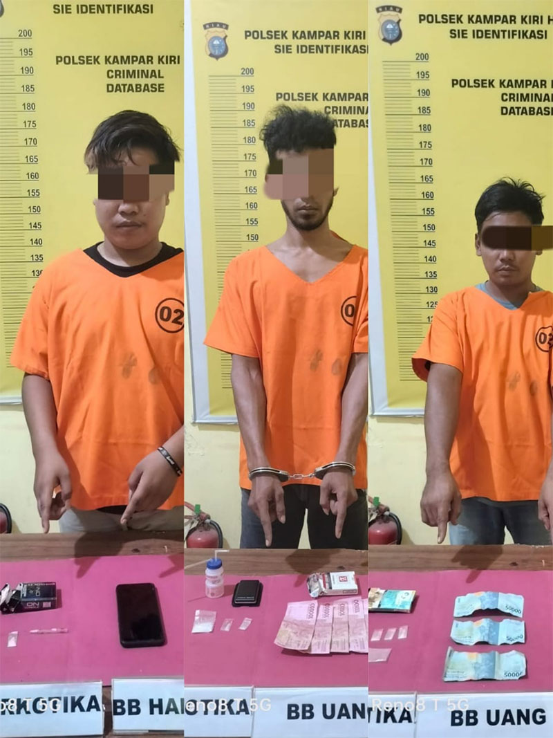 Jajaran Polsek Kampar Kiri Hilir berhasil mengamankan tiga pelaku narkoba, Rabu (23/8/2023).