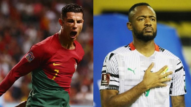 Kapten Portugal Cristano Ronaldo (kiri) berhadapan dengan bintang Ghana Jordan Ayew malam ini di penyisihan Grup G Piala Dunia 2022.