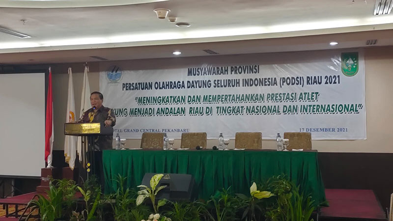 Sambutan SF Hariyanto pada Musyawarah Provinsi PengprovÂ PODSI Riau, yang digelar di Hotel Grand Central Pekanbaru, Jumat (17/12/2021) malam.