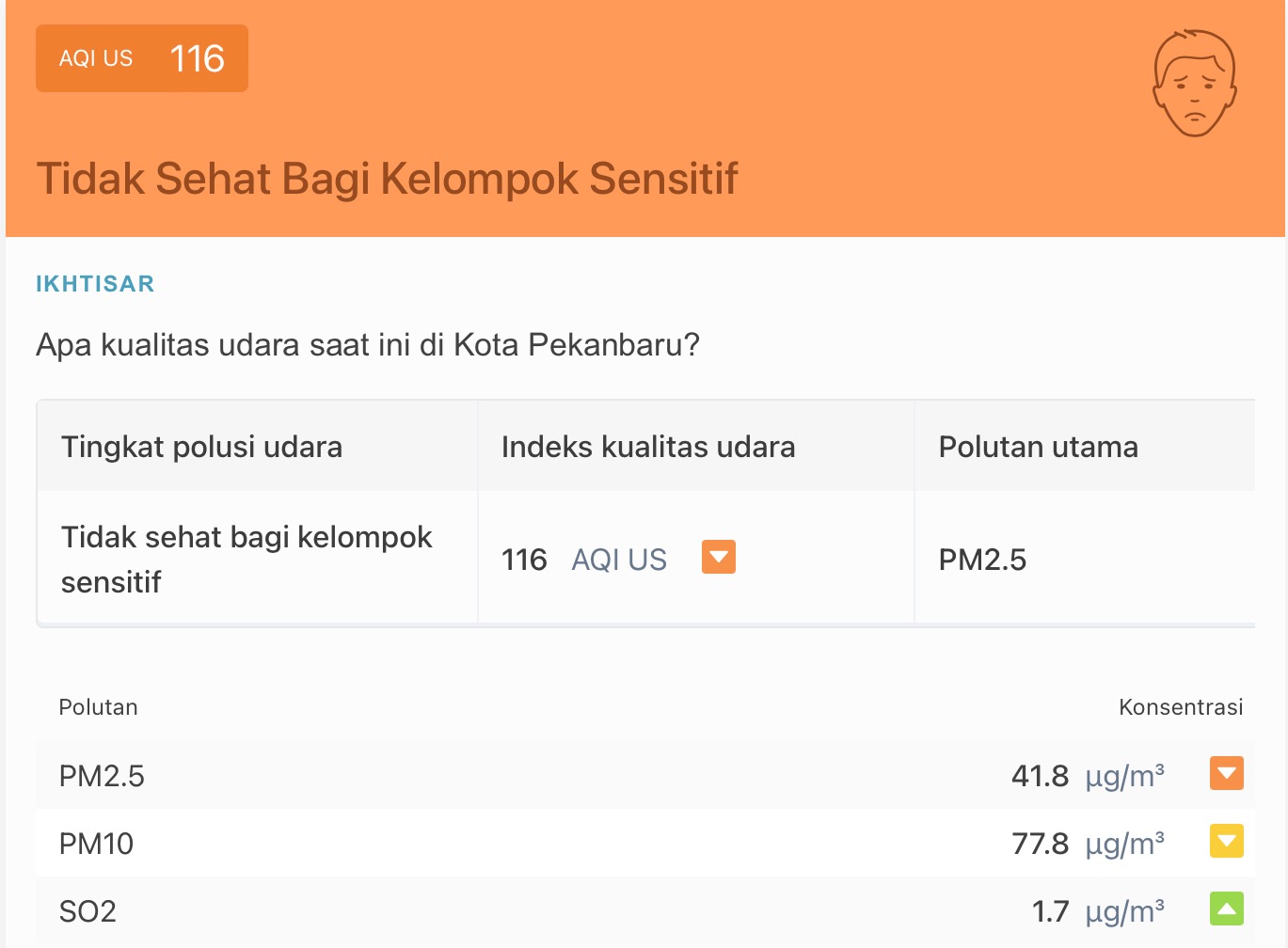 Tangkapan layar pantauan kualitas udara Pekanbaru di situs pemantau udara dan polusi IQAir, Rabu (23/8/2023).