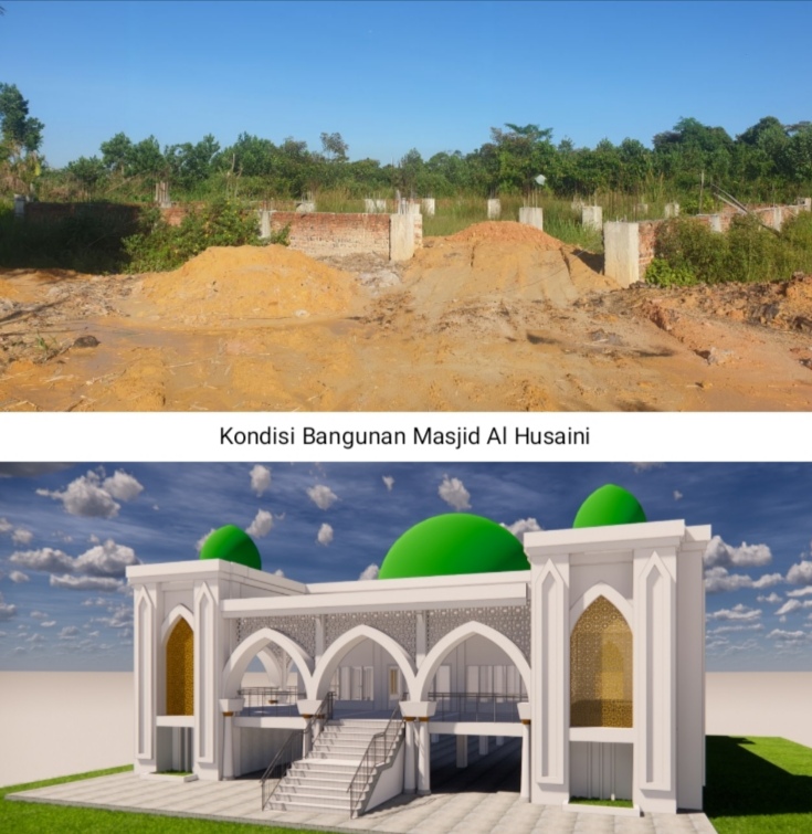 Desain dan proses pembangunan Masjid Al Al Husaini yang desainnya disiapkan jurusan arsitektur Universitas Riau.