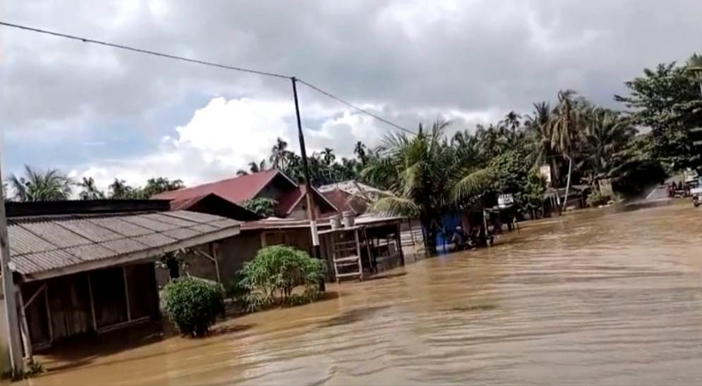 Kondisi banjir merendam rumah penduduk di ruas jalan Provinsi di Dalu-Dalu menuju Perbatasan Sumatera Utara tepatnya di Desa Tali Kumain, Kecamatan Tambusai, Rabu (27/12/2023).