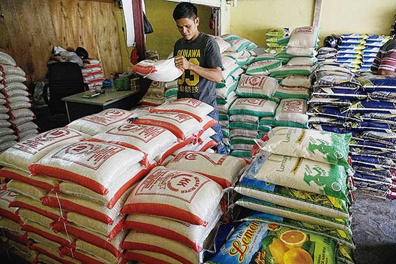BERAS: Pedagang menyusun beras yang sudah dibungkus dalam karung di kios miliknya di Jalan HR Soebrantas, Kamis (13/11/2018). Beras asal Sumatera Barat seperti anak daro, beras solok dan kuriak kusuik mengalami kenaikan harga. MHD AKHWAN/RIAUPOS