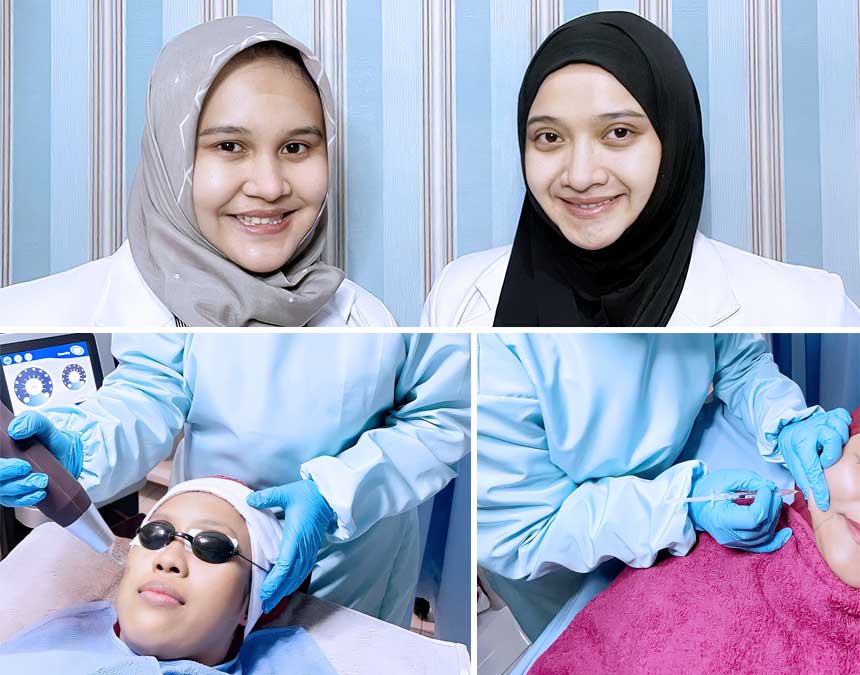 dr Aancadini Wijayanti dan dr Ika Puspaningtyas (atas),Treatment kepada pasien (kiri),Proses injeksi (kanan)