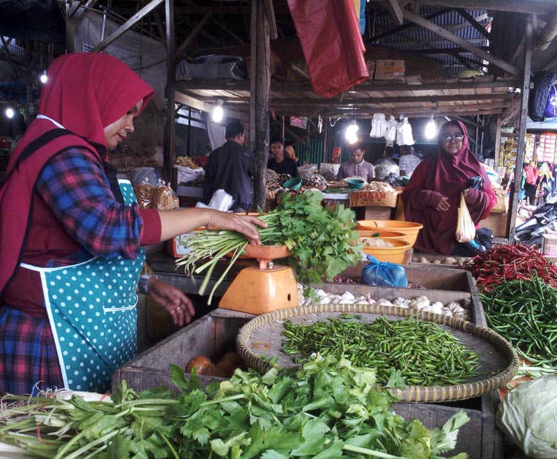 Penjual daun seledri melayani pembeli di Pasar Pagi Arengka Pekanbaru, Selasa (28/5/2019).(*3/MIRSHAL/RIAU POS)